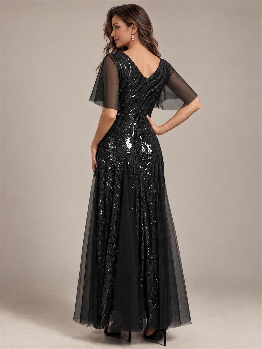 robe maxi à manches courtes en V avec sequins et ourlet volanté #Couleur_Noir