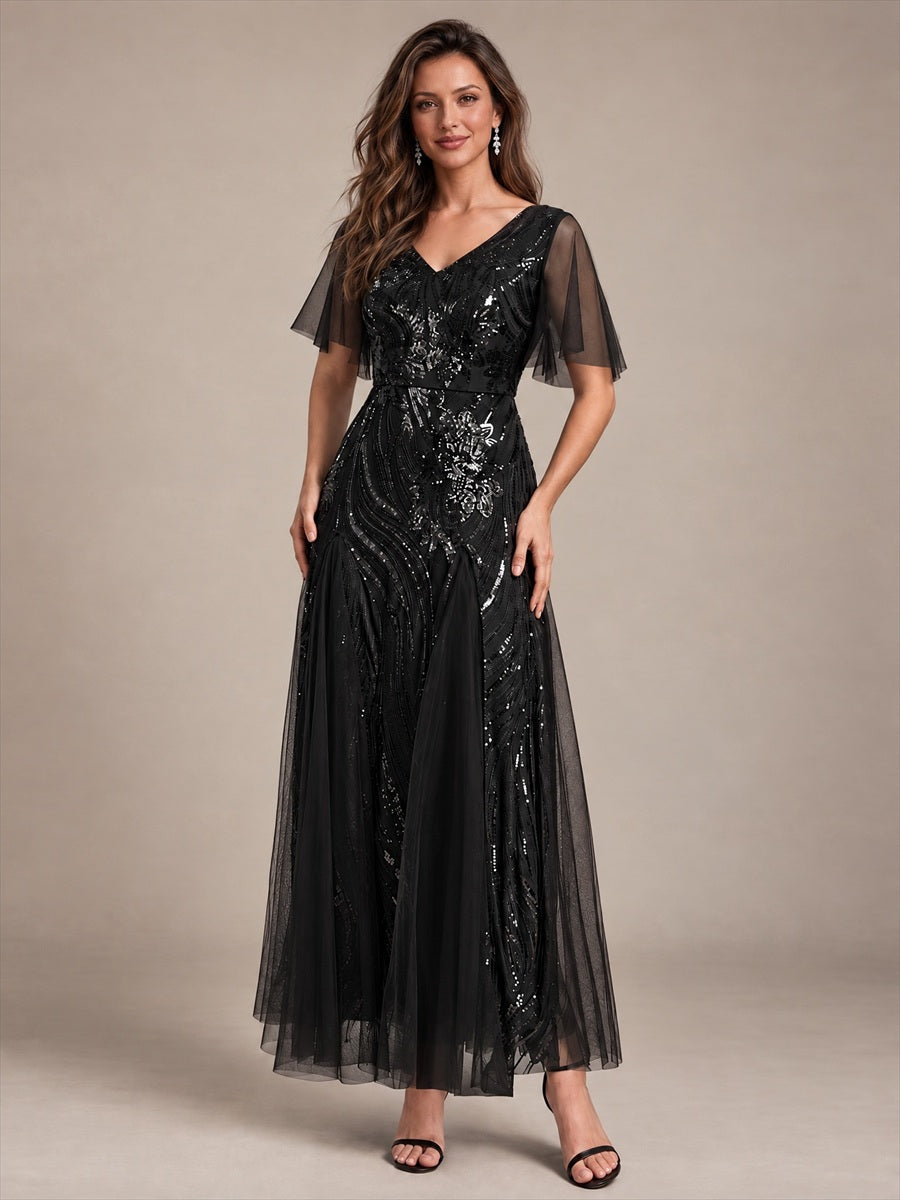 robe maxi à manches courtes en V avec sequins et ourlet volanté #Couleur_Noir