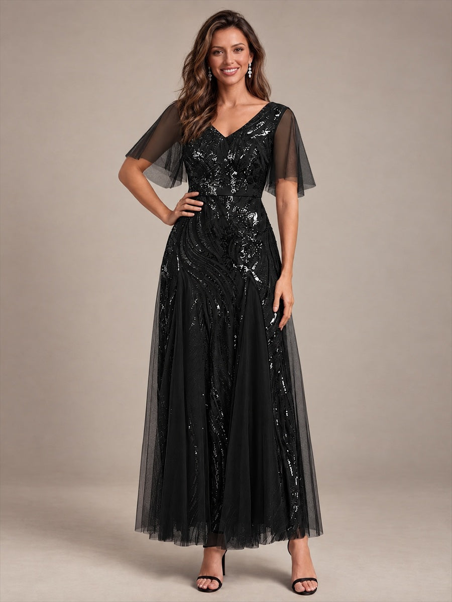 robe maxi à manches courtes en V avec sequins et ourlet volanté #Couleur_Noir