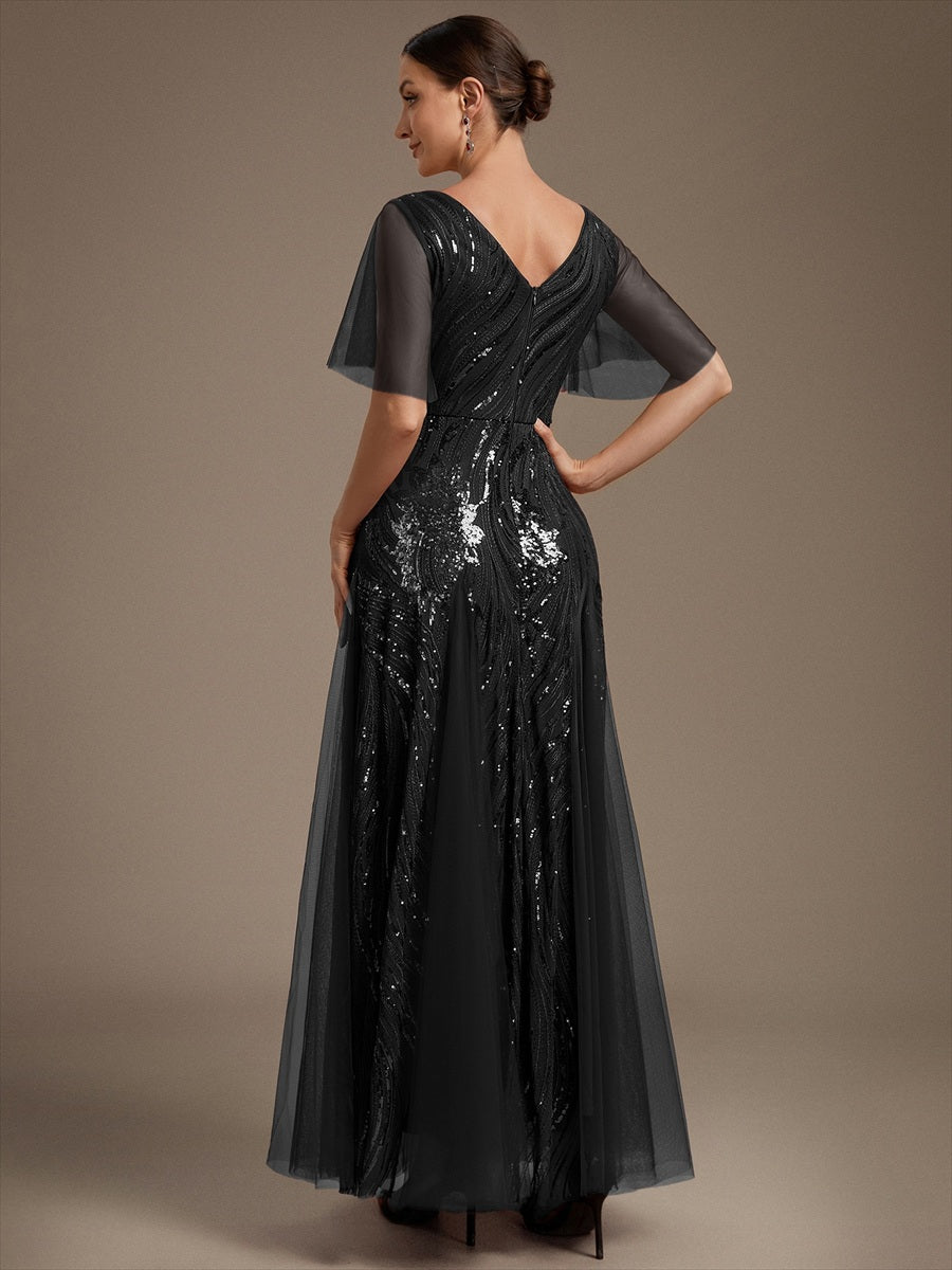 robe maxi à manches courtes en V avec sequins et ourlet volanté #Couleur_Noir