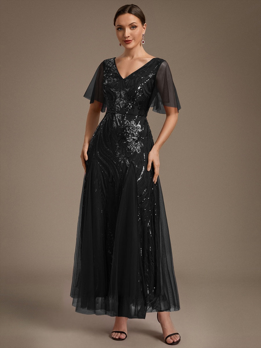 robe maxi à manches courtes en V avec sequins et ourlet volanté #Couleur_Noir