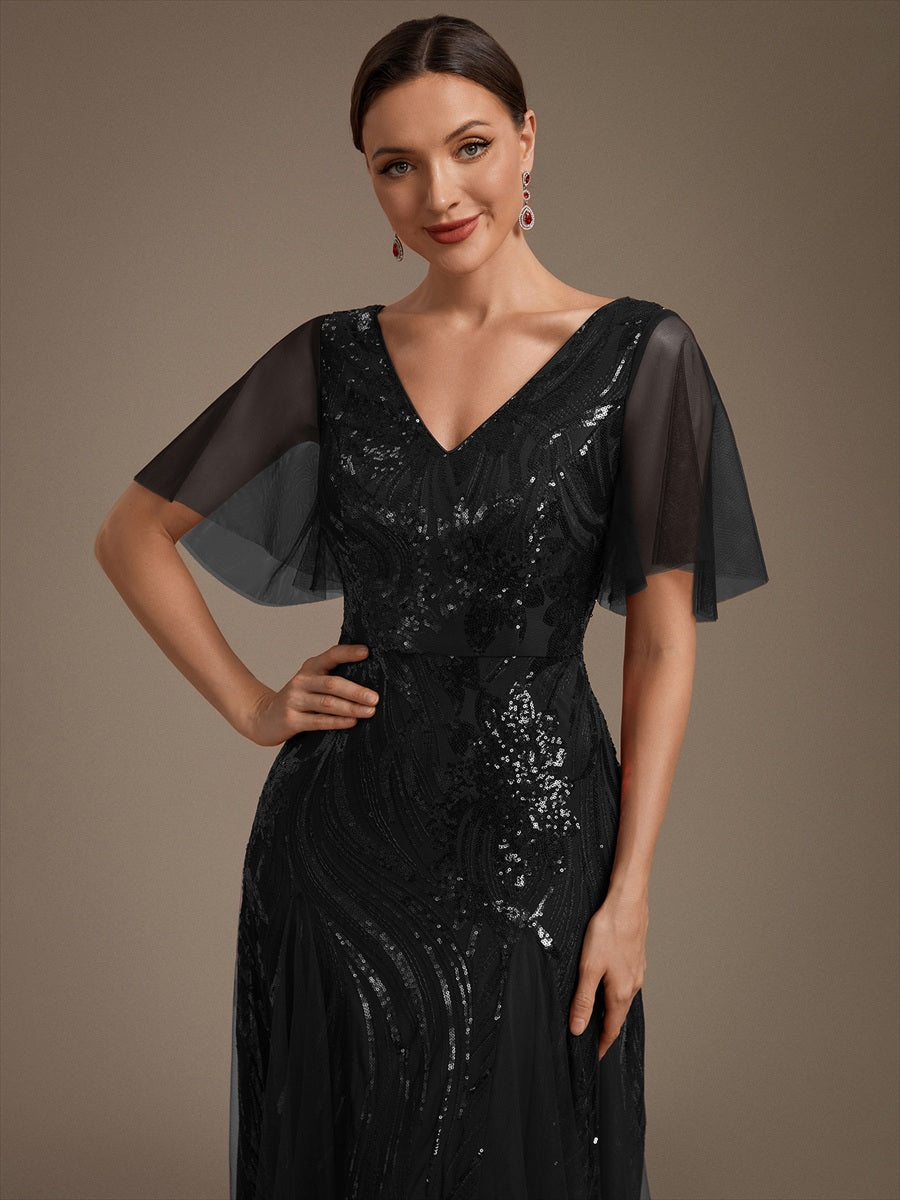 robe maxi à manches courtes en V avec sequins et ourlet volanté #Couleur_Noir