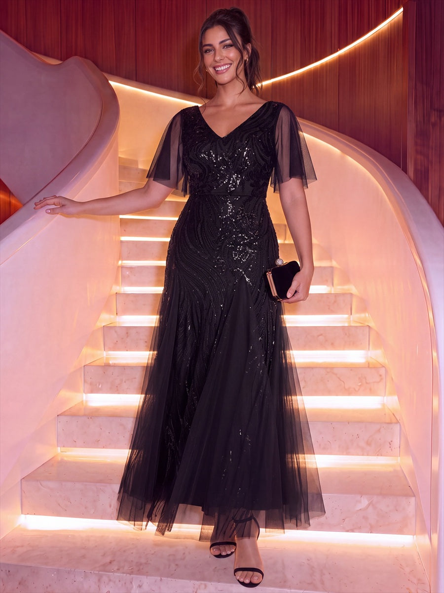 robe maxi à manches courtes en V avec sequins et ourlet volanté #Couleur_Noir