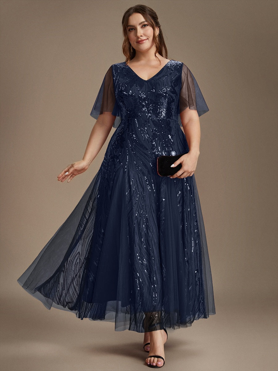 robe maxi à manches courtes en V avec sequins et ourlet volanté #Couleur_Bleu Marine