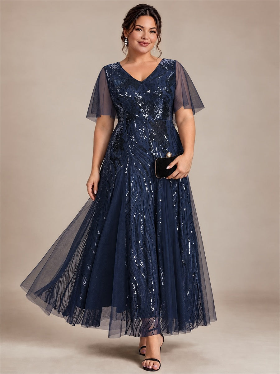 robe maxi à manches courtes en V avec sequins et ourlet volanté #Couleur_Bleu Marine