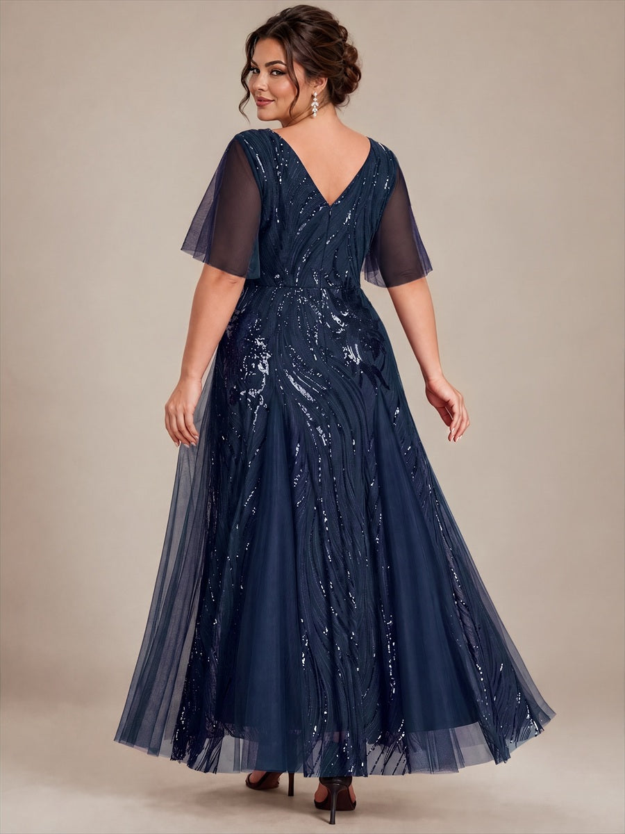 robe maxi à manches courtes en V avec sequins et ourlet volanté #Couleur_Bleu Marine