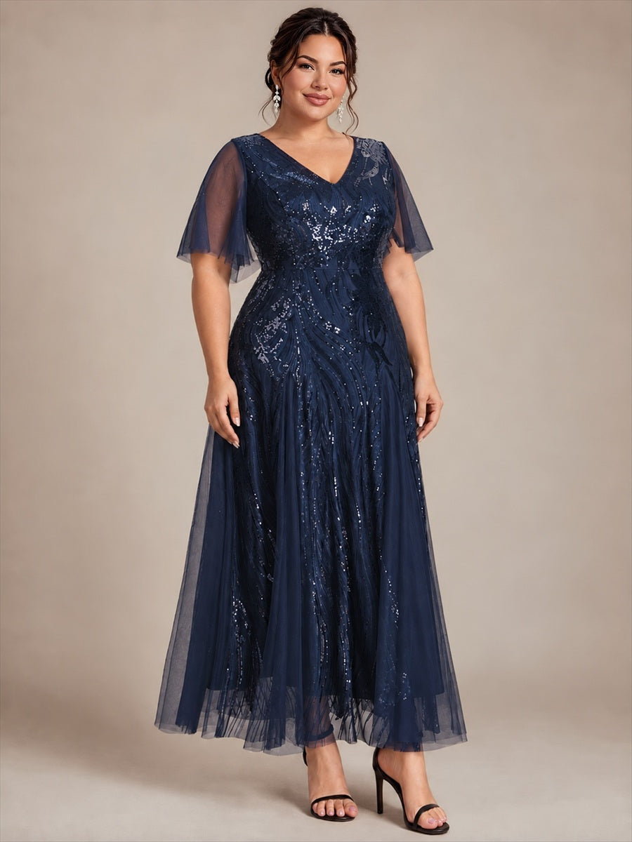 robe maxi à manches courtes en V avec sequins et ourlet volanté #Couleur_Bleu Marine