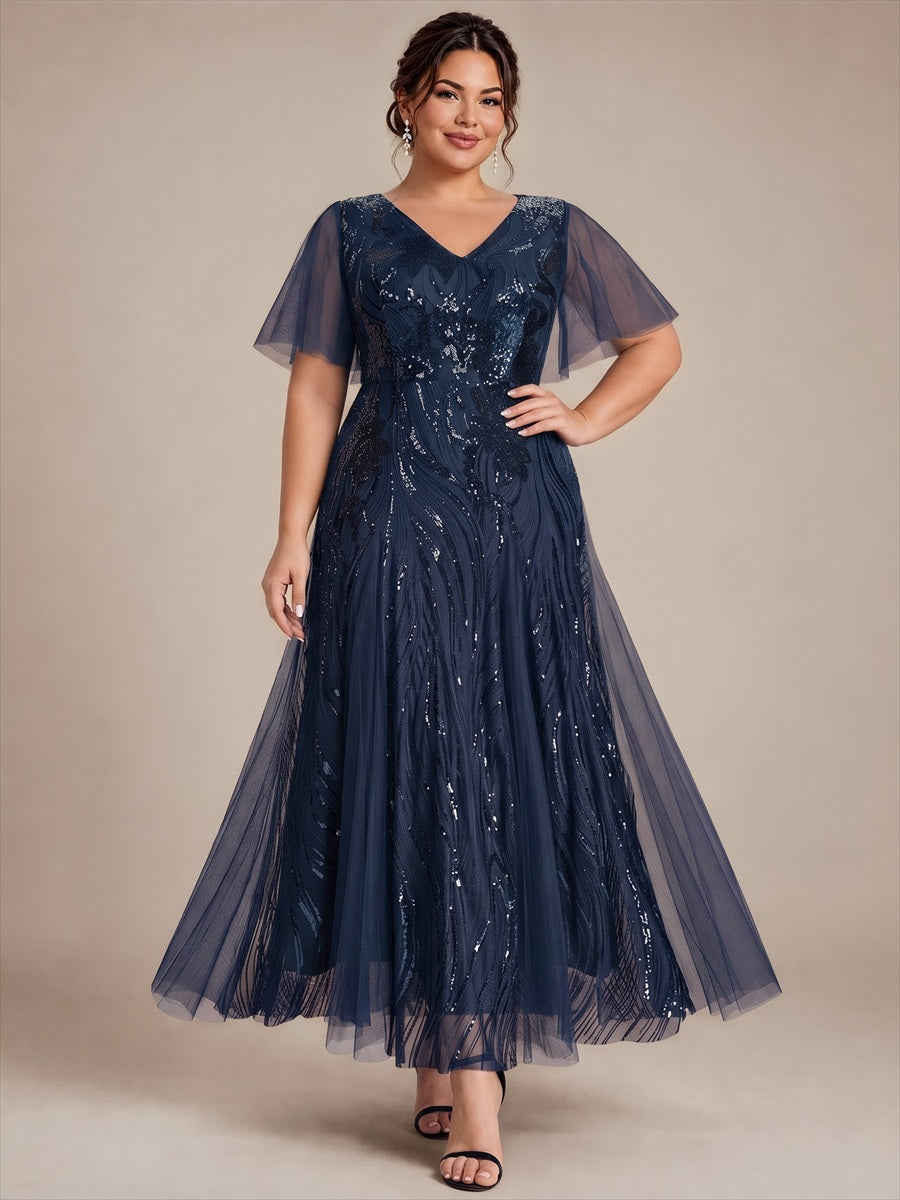 robe maxi à manches courtes en V avec sequins et ourlet volanté #Couleur_Bleu Marine
