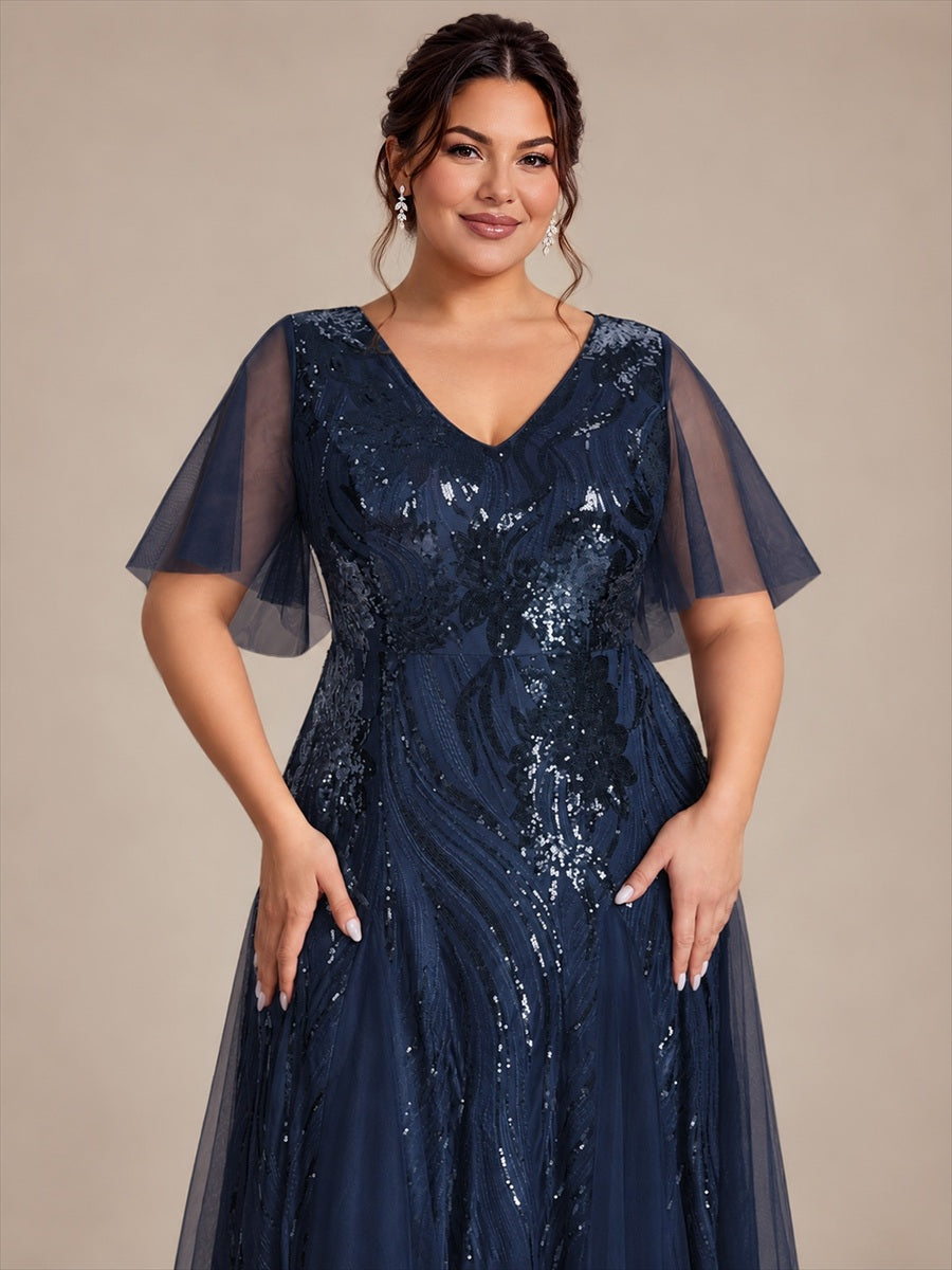 robe maxi à manches courtes en V avec sequins et ourlet volanté #Couleur_Bleu Marine