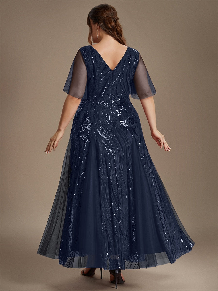 robe maxi à manches courtes en V avec sequins et ourlet volanté #Couleur_Bleu Marine
