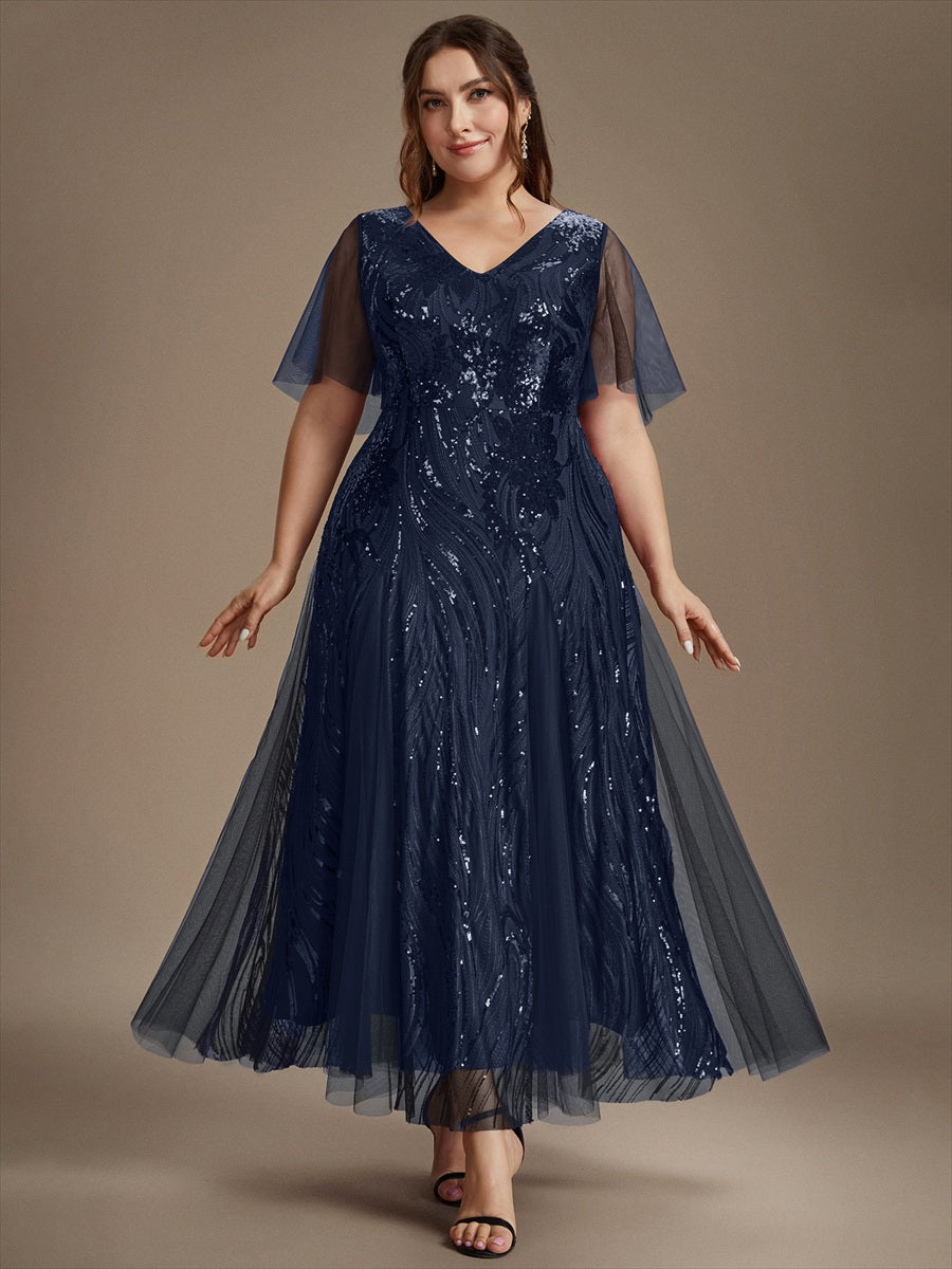 robe maxi à manches courtes en V avec sequins et ourlet volanté #Couleur_Bleu Marine