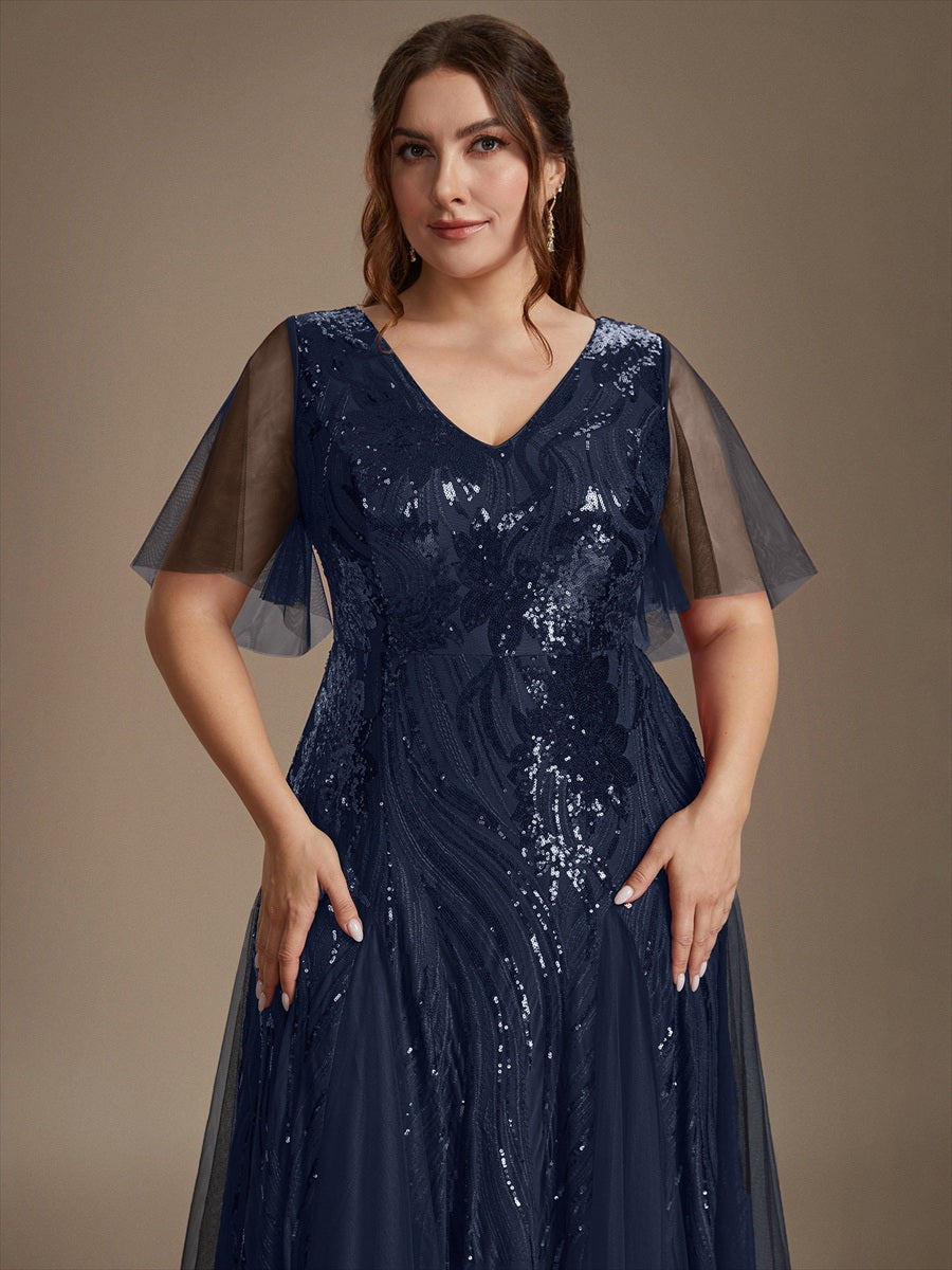 robe maxi à manches courtes en V avec sequins et ourlet volanté #Couleur_Bleu Marine