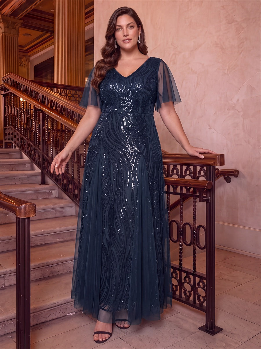 robe maxi à manches courtes en V avec sequins et ourlet volanté #Couleur_Bleu Marine