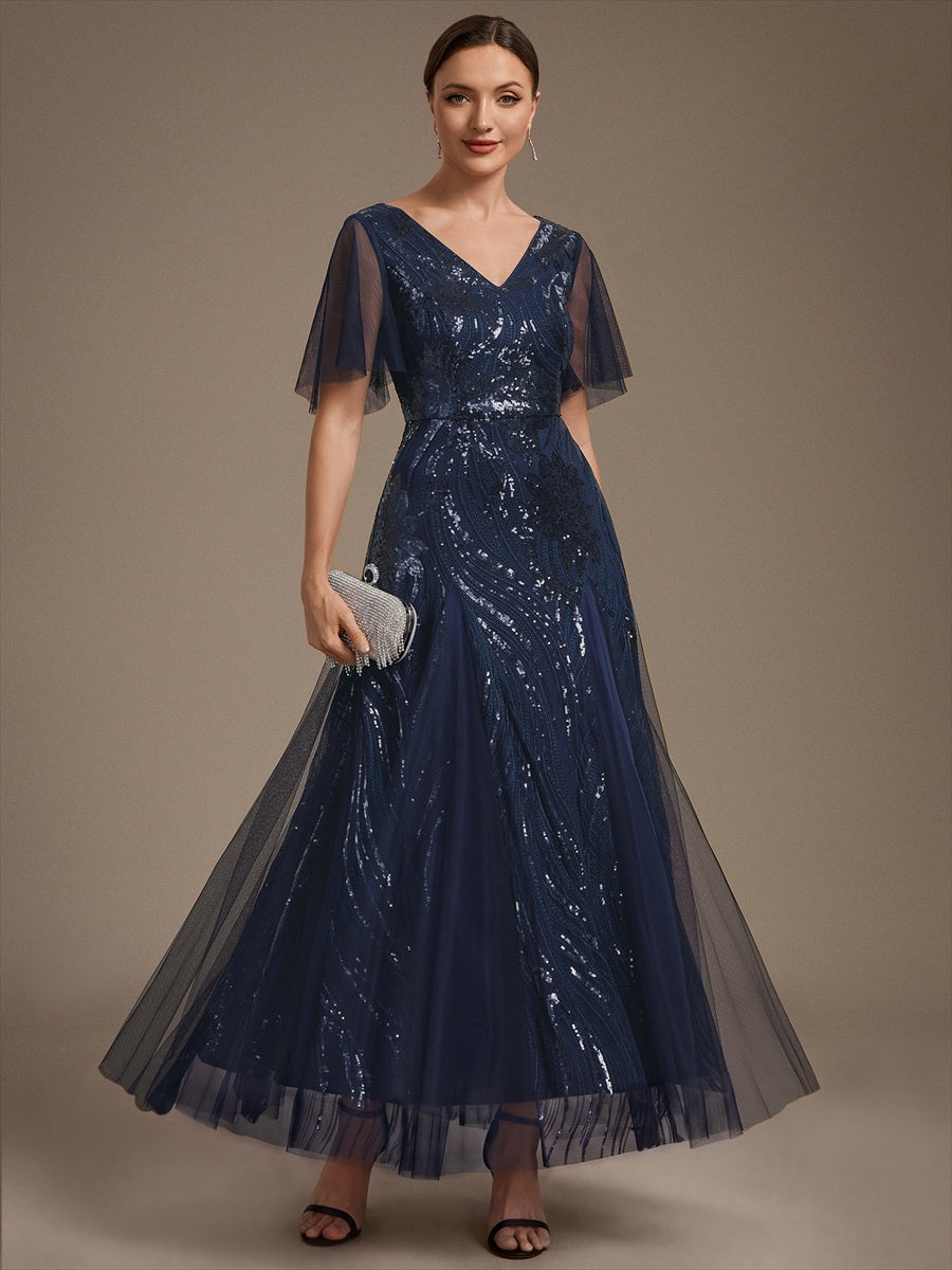 robe maxi à manches courtes en V avec sequins et ourlet volanté #Couleur_Bleu Marine