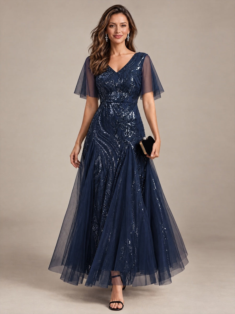 robe maxi à manches courtes en V avec sequins et ourlet volanté #Couleur_Bleu Marine