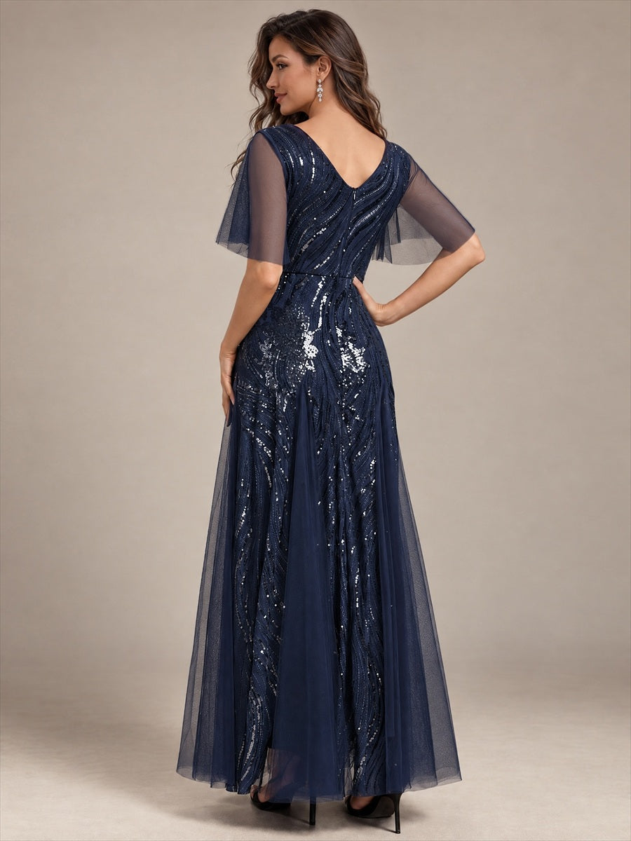 robe maxi à manches courtes en V avec sequins et ourlet volanté #Couleur_Bleu Marine
