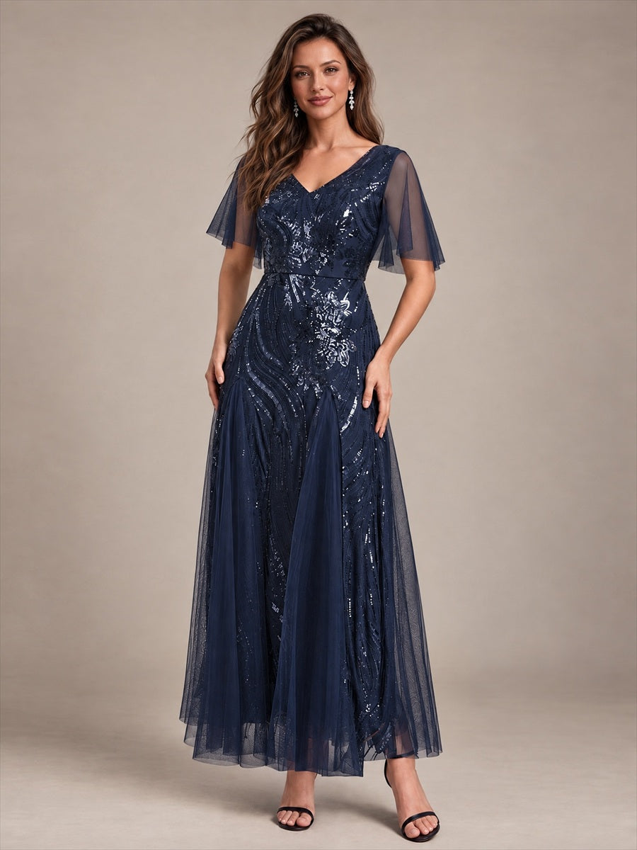 robe maxi à manches courtes en V avec sequins et ourlet volanté #Couleur_Bleu Marine