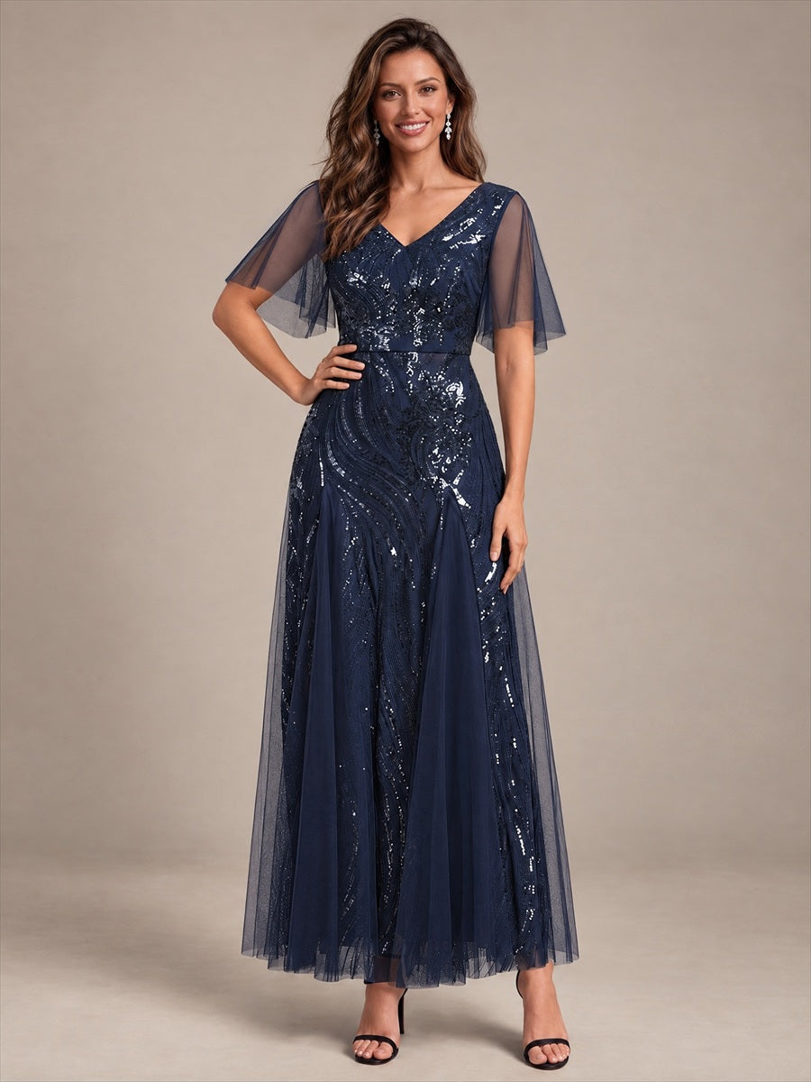 robe maxi à manches courtes en V avec sequins et ourlet volanté #Couleur_Bleu Marine