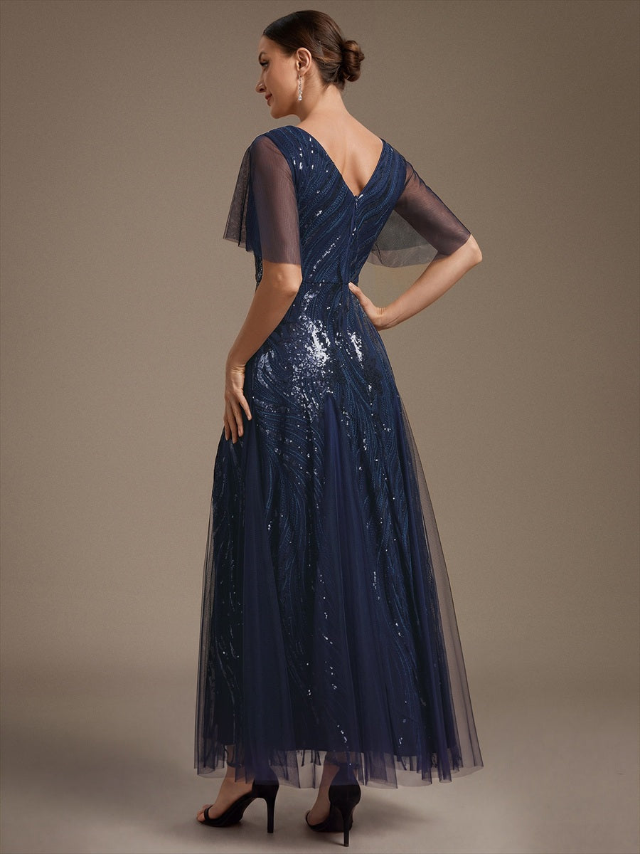 robe maxi à manches courtes en V avec sequins et ourlet volanté #Couleur_Bleu Marine
