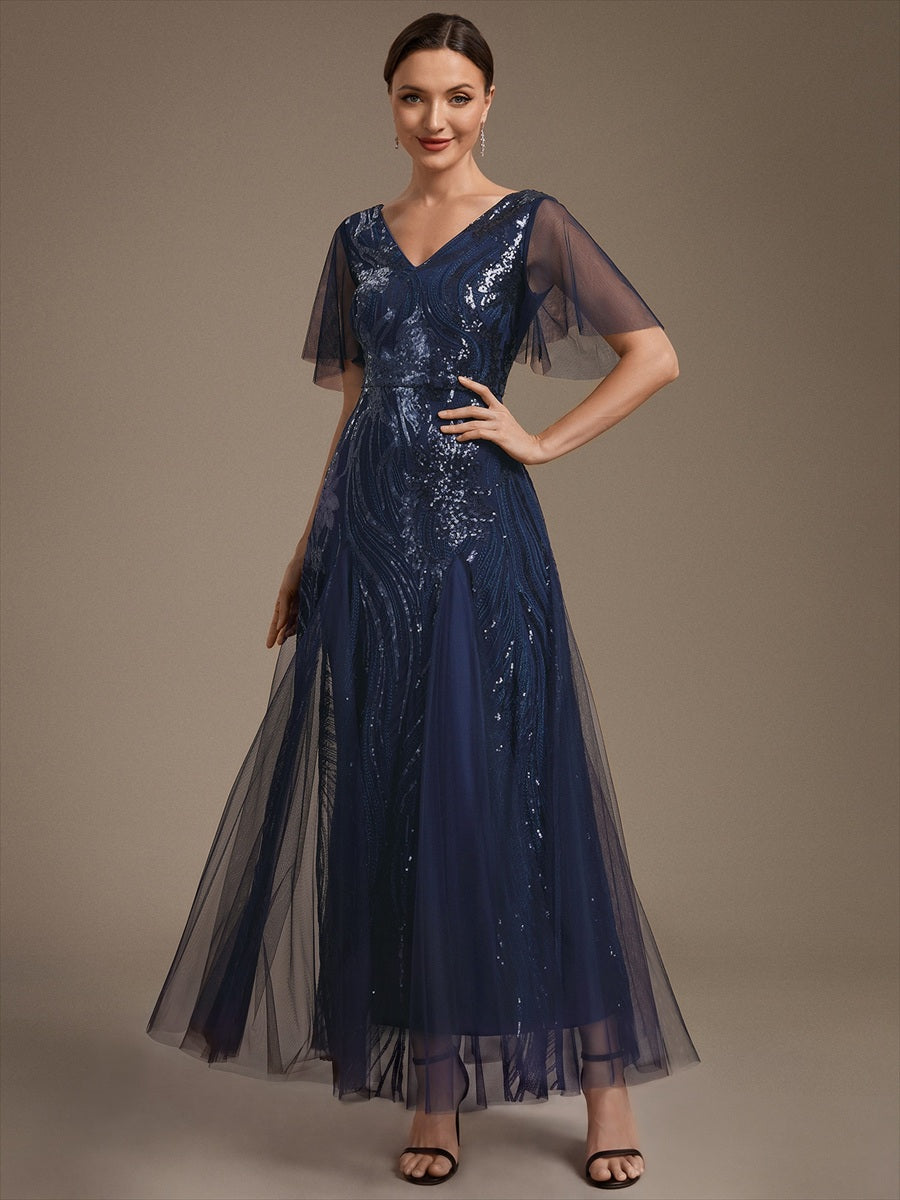 robe maxi à manches courtes en V avec sequins et ourlet volanté #Couleur_Bleu Marine