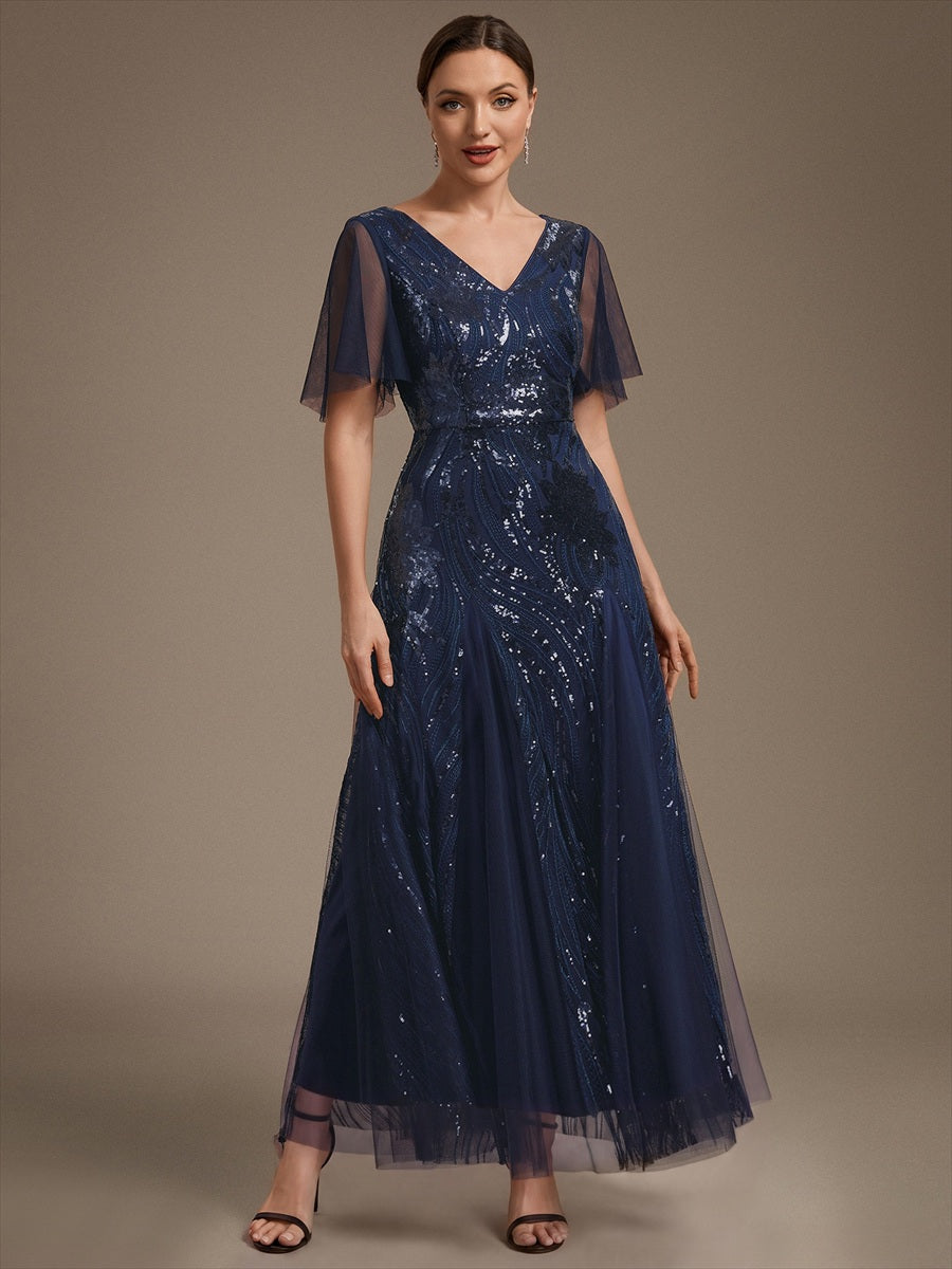 robe maxi à manches courtes en V avec sequins et ourlet volanté #Couleur_Bleu Marine