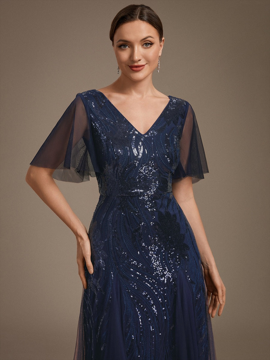 robe maxi à manches courtes en V avec sequins et ourlet volanté #Couleur_Bleu Marine