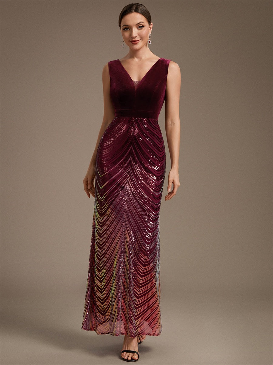 Robe sirène sans manches à décolleté en V maxi longueur avec fermeture éclair au dos #Couleur_Bordeaux