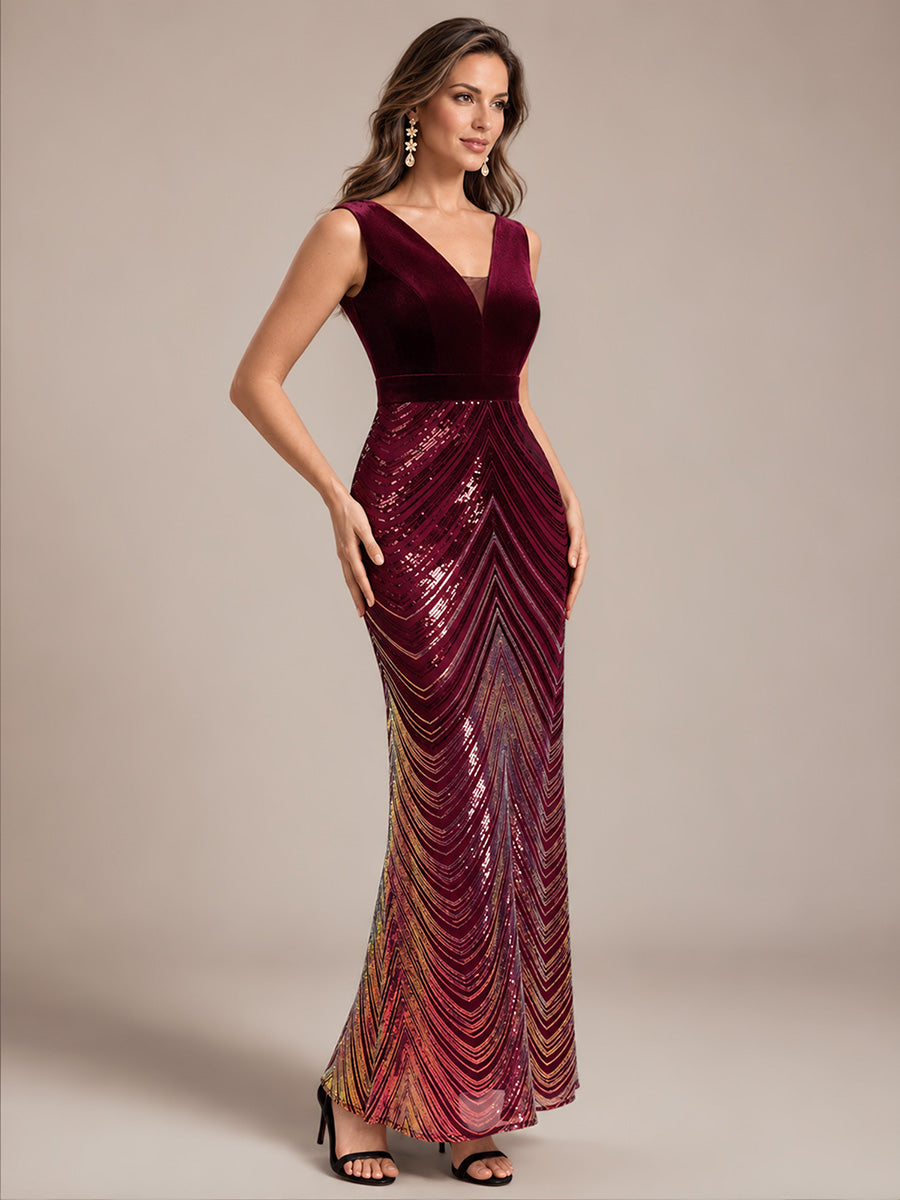 Robe sirène sans manches à décolleté en V maxi longueur avec fermeture éclair au dos #Couleur_Bordeaux