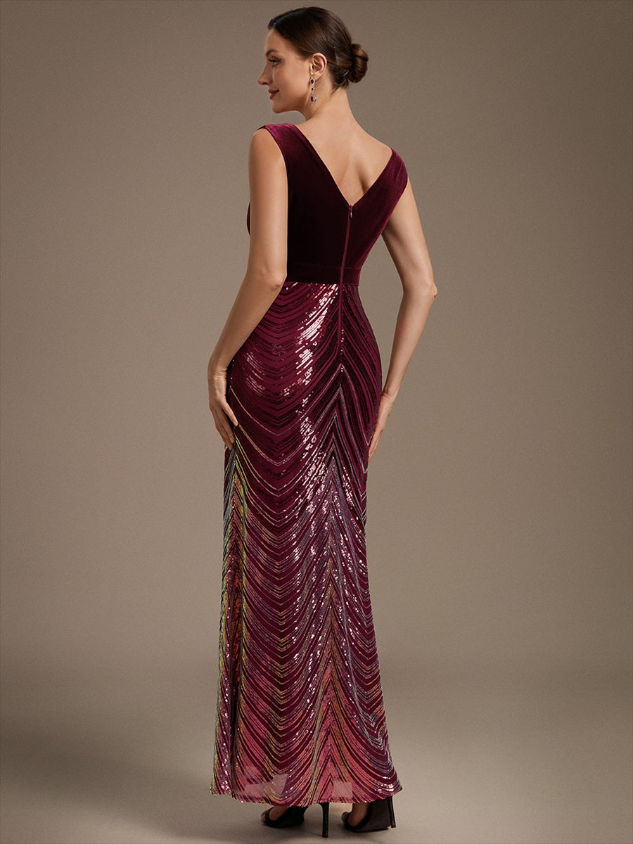 Robe sirène sans manches à décolleté en V maxi longueur avec fermeture éclair au dos #Couleur_Bordeaux