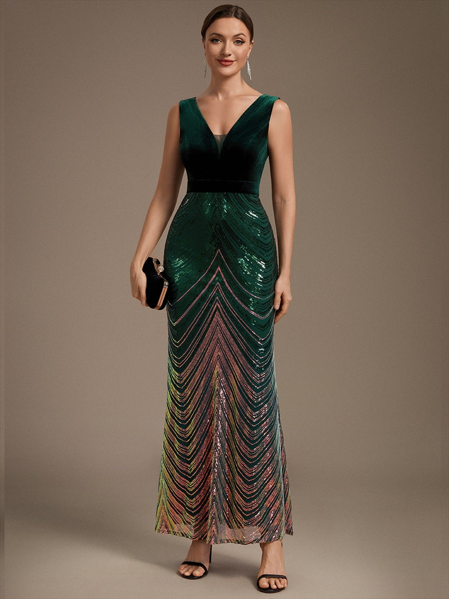 Robe sirène sans manches à décolleté en V maxi longueur avec fermeture éclair au dos #Couleur_Vert Fonce