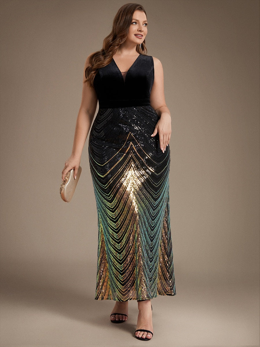 Robe sirène sans manches à décolleté en V maxi longueur avec fermeture éclair au dos #Couleur_Noir & Or