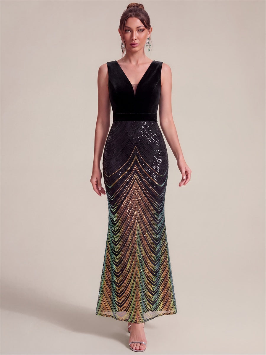 Robe sirène sans manches à décolleté en V maxi longueur avec fermeture éclair au dos #Couleur_Noir
