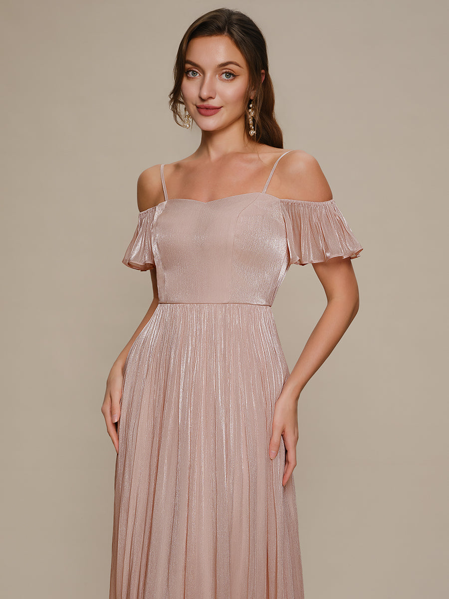 Robe longue évasée à manches courtes décolletée épaules nues #Couleur_Rose fumee
