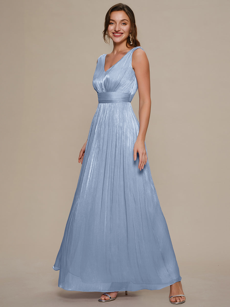 Robe longue évasée à encolure en V sans bretelles #Couleur_Marine Fume
