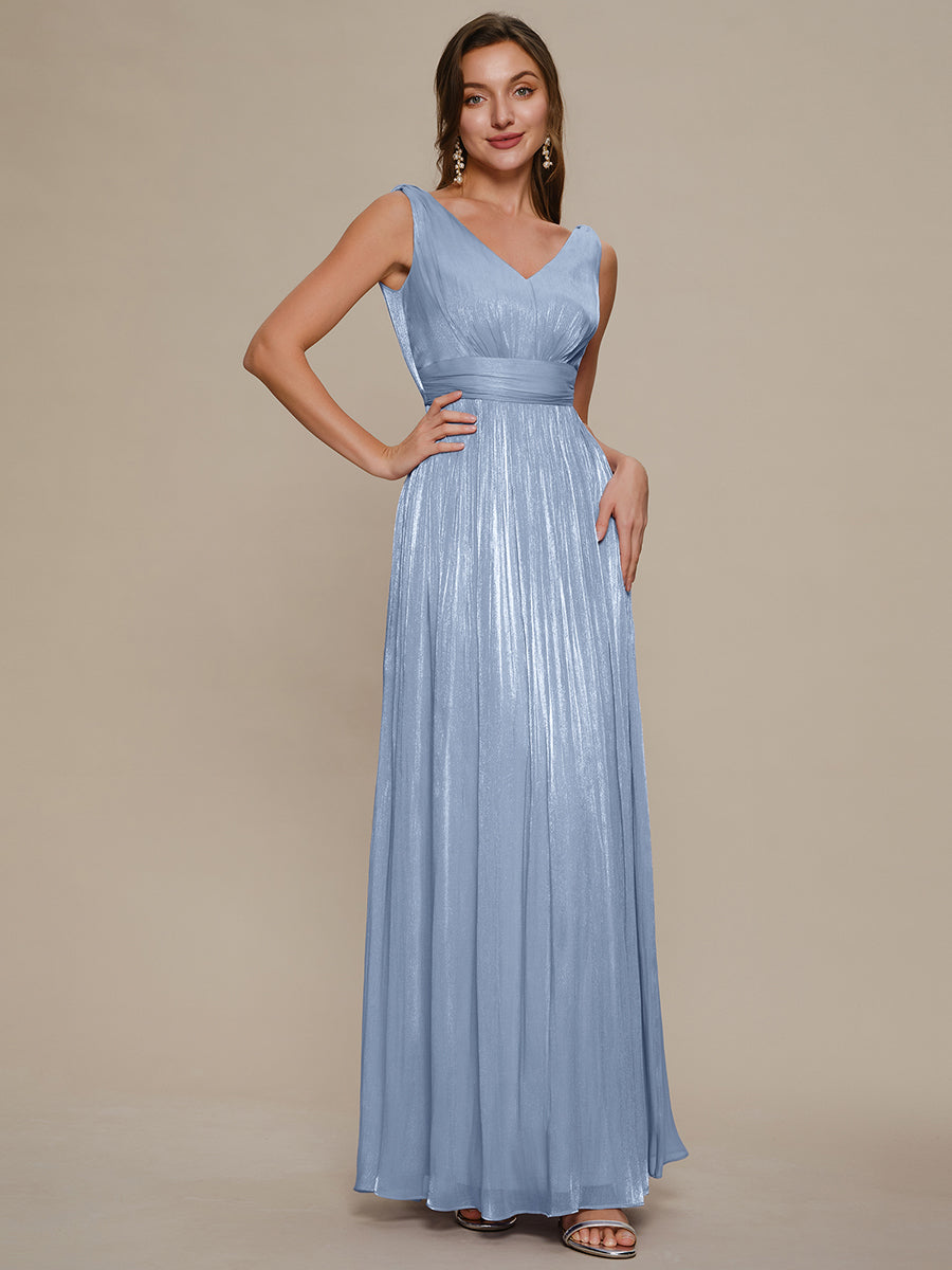 Robe longue évasée à encolure en V sans bretelles #Couleur_Marine Fume