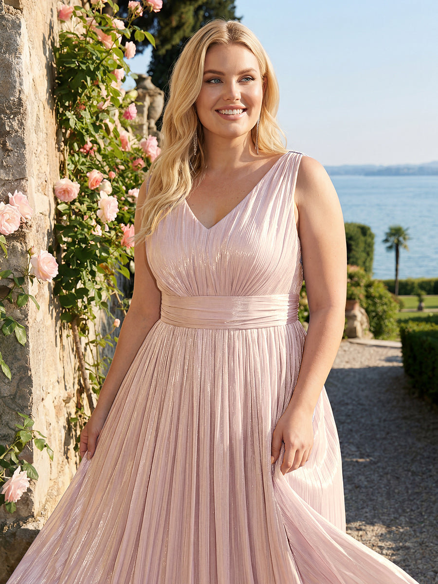 Robe longue évasée à encolure en V sans bretelles #Couleur_Rose fumee