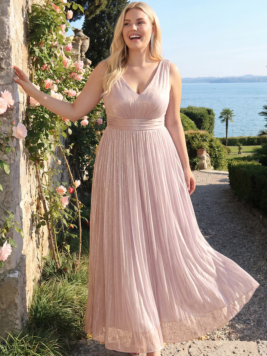 Robe longue évasée à encolure en V sans bretelles #Couleur_Rose fumee