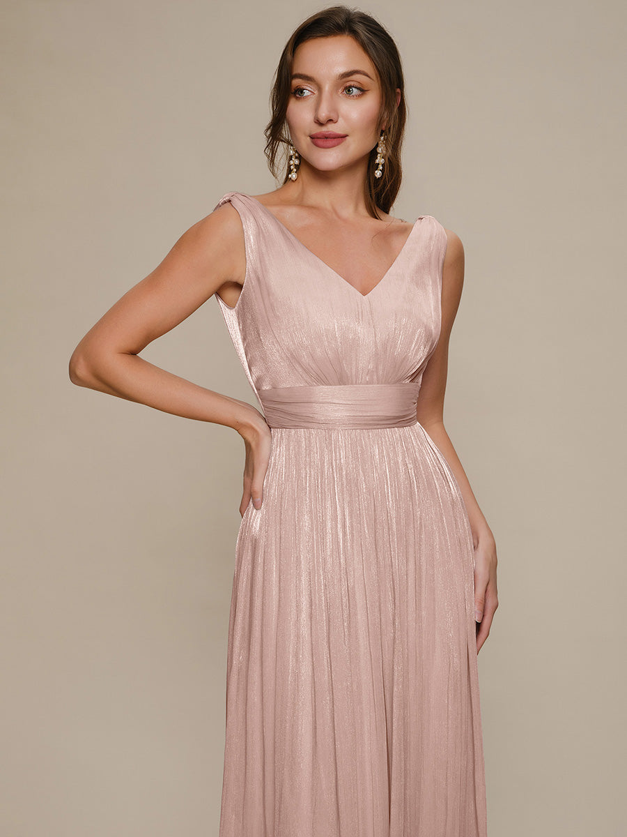 Robe longue évasée à encolure en V sans bretelles #Couleur_Rose fumee