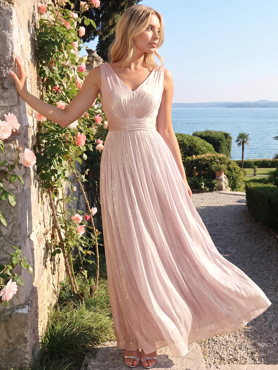 Robe longue évasée à encolure en V sans bretelles #Couleur_Rose fumee