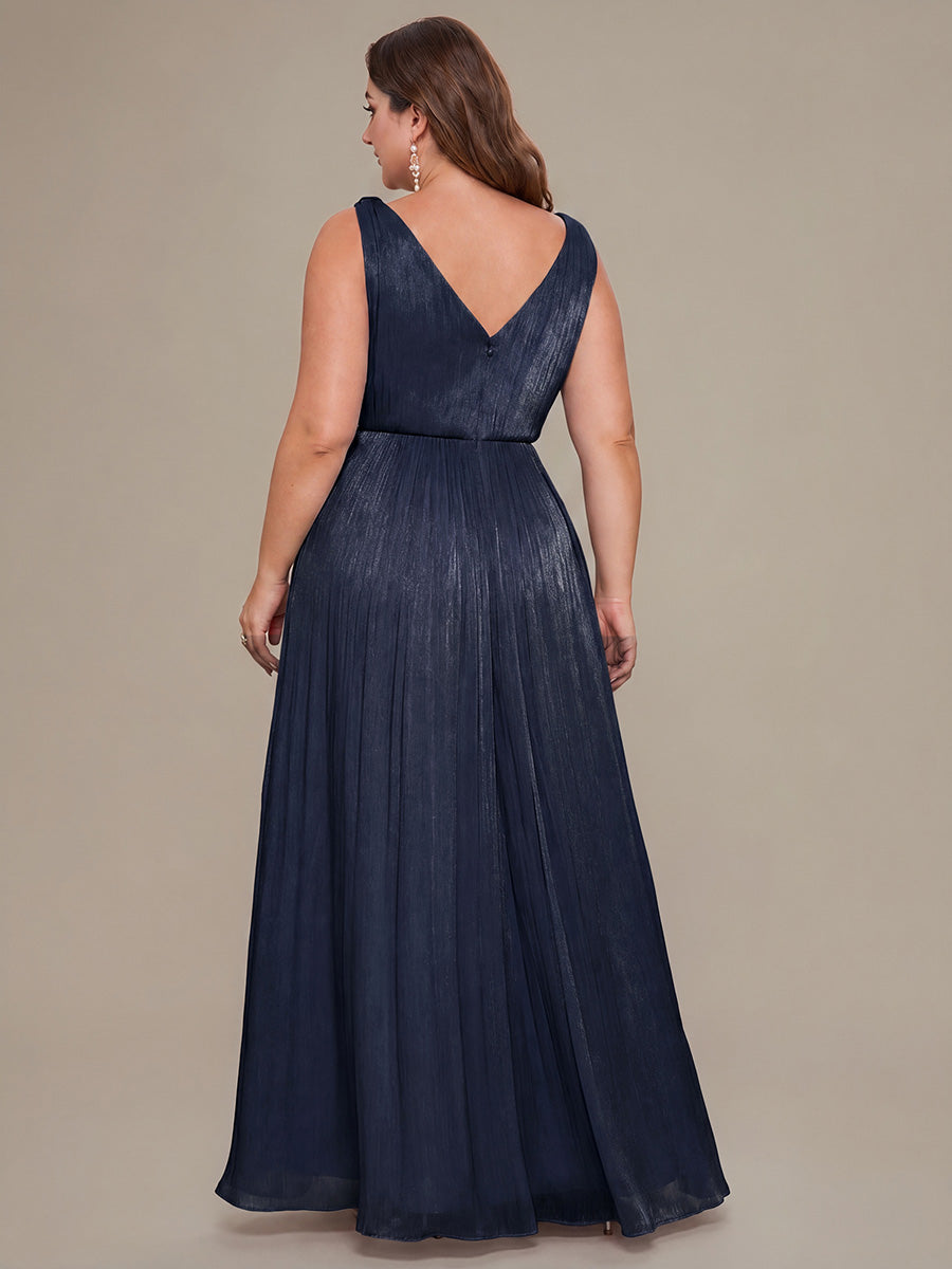 Robe longue évasée à encolure en V sans bretelles #Couleur_Bleu Marine
