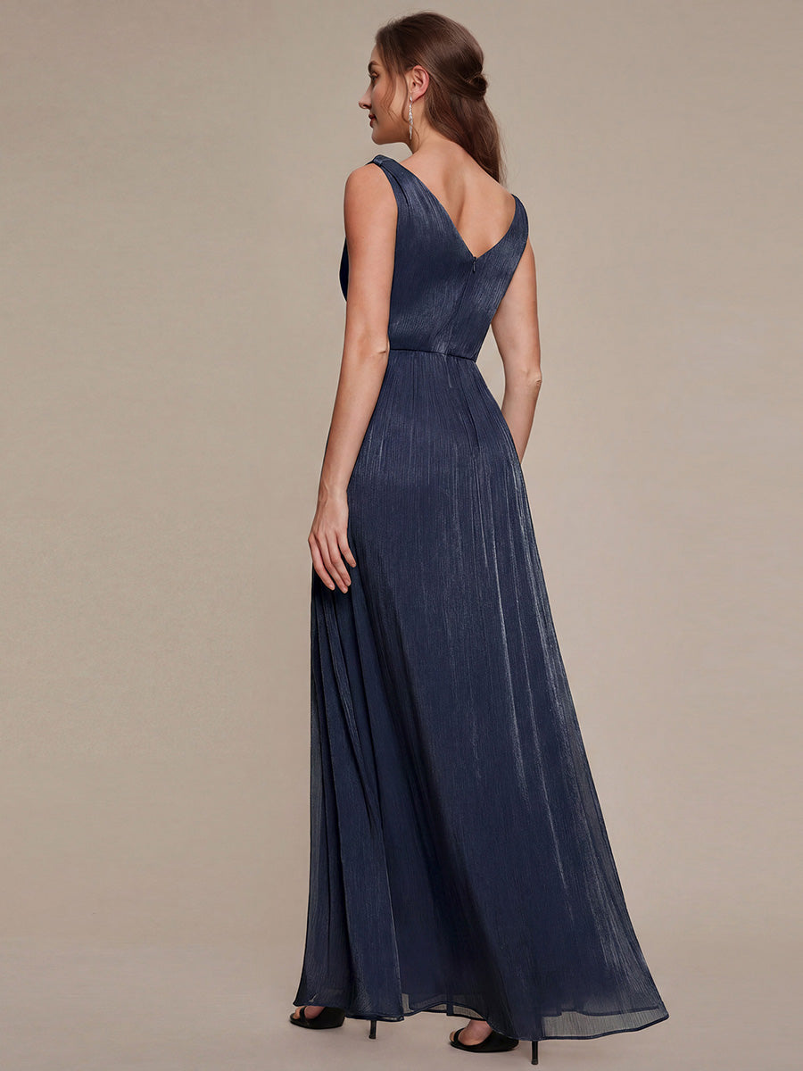 Robe longue évasée à encolure en V sans bretelles #Couleur_Bleu Marine