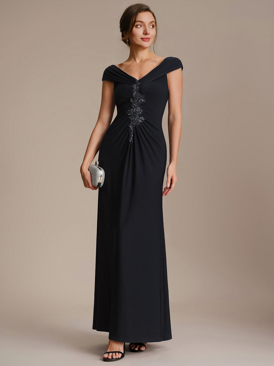 Robe longue moulante à encolure en V dénudée des épaules en tissu extensible #Couleur_Noir