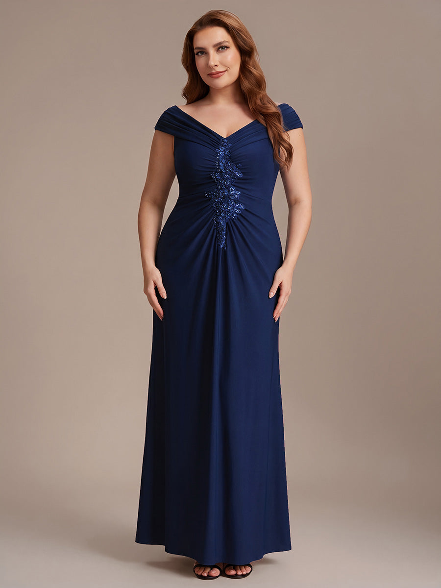Robe longue moulante à encolure en V dénudée des épaules en tissu extensible #Couleur_Bleu Marine