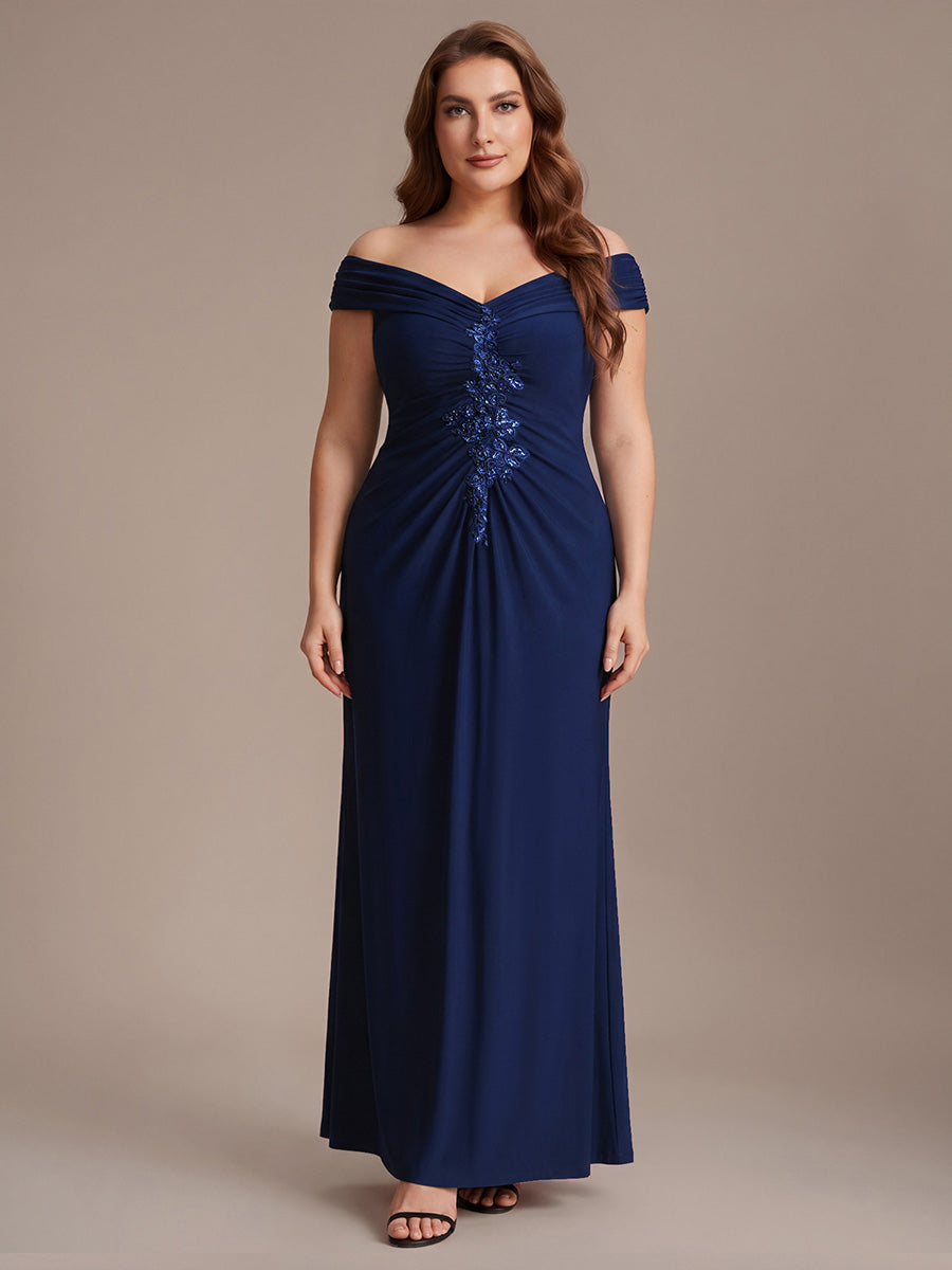 Robe longue moulante à encolure en V dénudée des épaules en tissu extensible #Couleur_Bleu Marine
