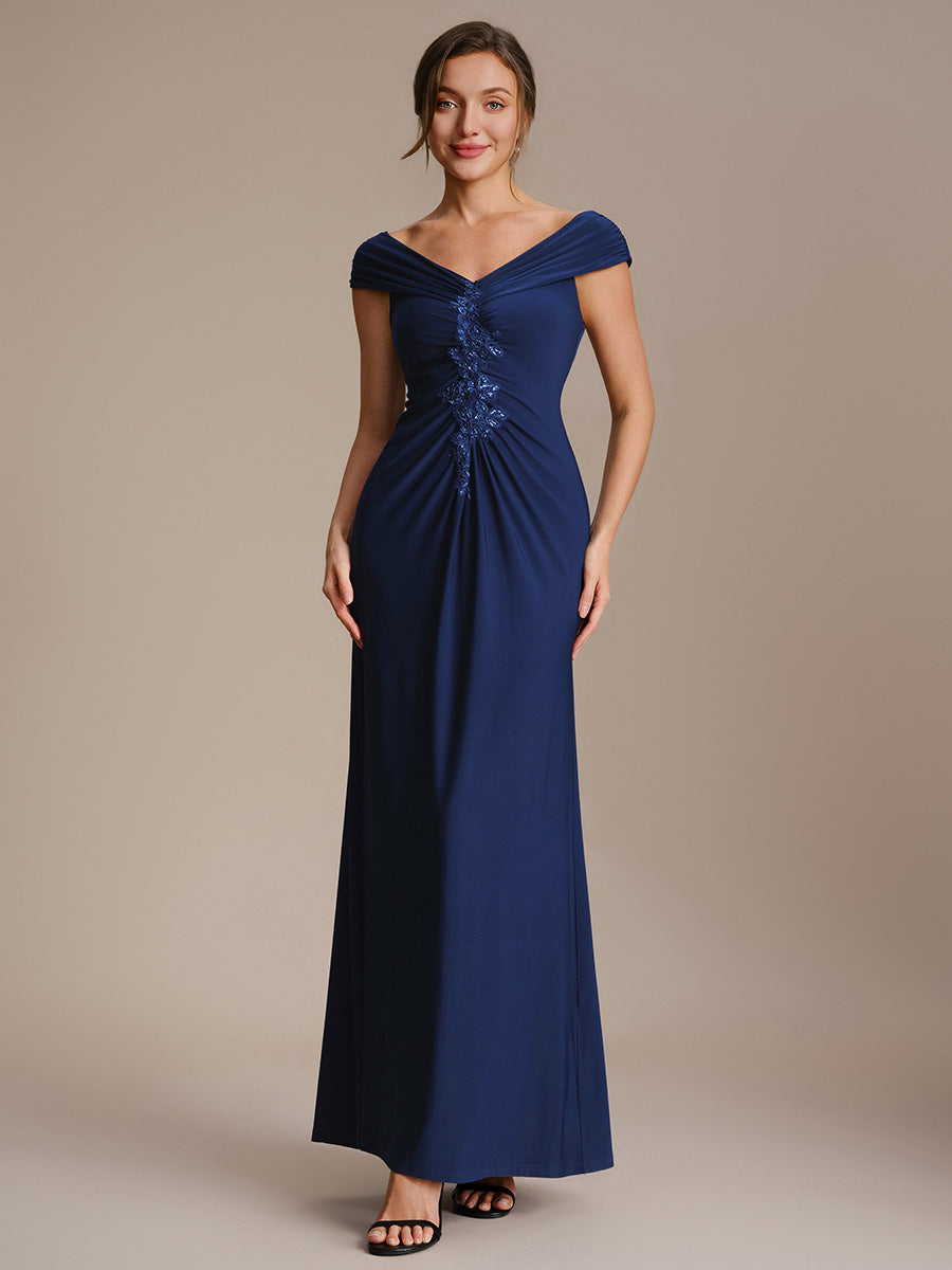 Robe longue moulante à encolure en V dénudée des épaules en tissu extensible #Couleur_Bleu Marine