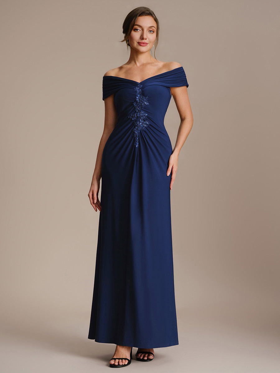 Robe longue moulante à encolure en V dénudée des épaules en tissu extensible #Couleur_Bleu Marine