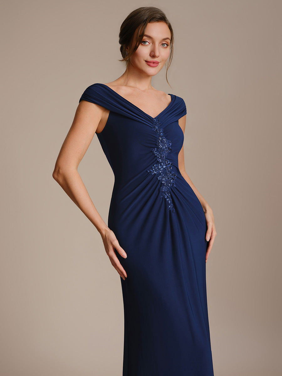 Robe longue moulante à encolure en V dénudée des épaules en tissu extensible #Couleur_Bleu Marine