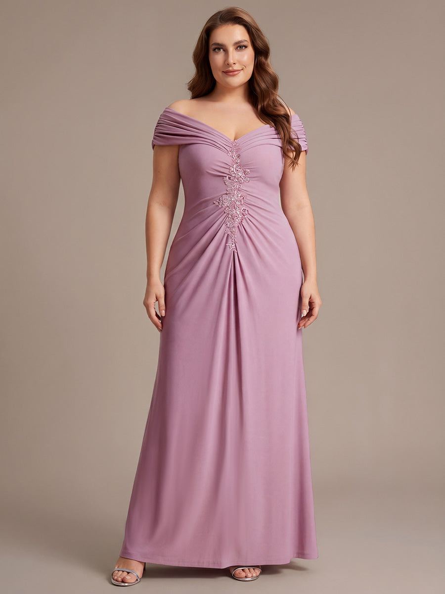 Robe longue moulante à encolure en V dénudée des épaules en tissu extensible #Couleur_Orchidee