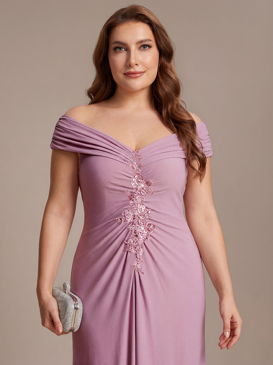 Robe longue moulante à encolure en V dénudée des épaules en tissu extensible #Couleur_Orchidee