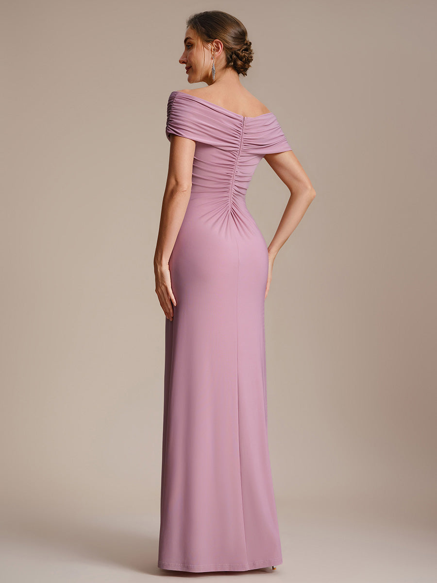 Robe longue moulante à encolure en V dénudée des épaules en tissu extensible #Couleur_Orchidee